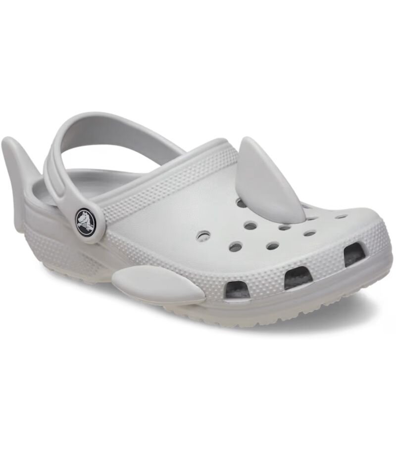 Grey crocs with shark attachments 